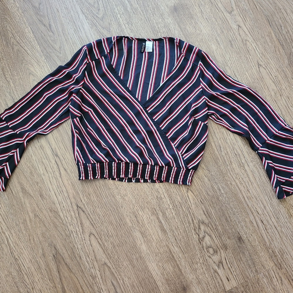 Striped faux wrap crop shirt bell sleeve